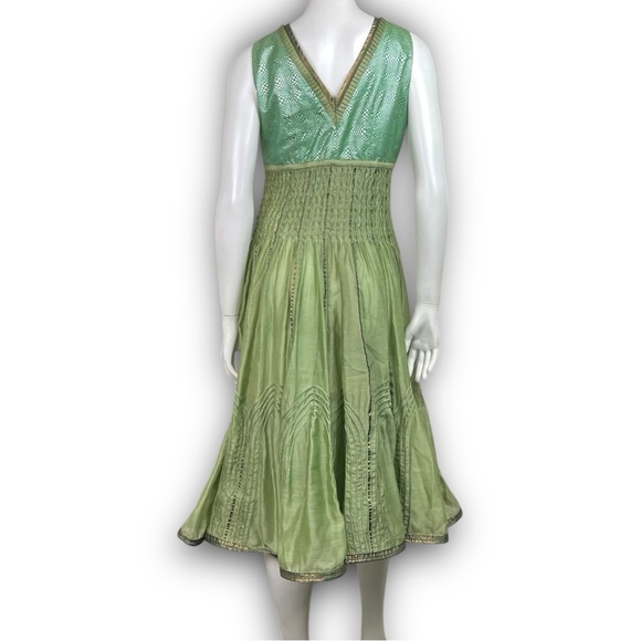 VIRTUES Vintage Empire Waist Metallic Fairy Grunge Circle Skirt Midi Dress Boho - Picture 9 of 15